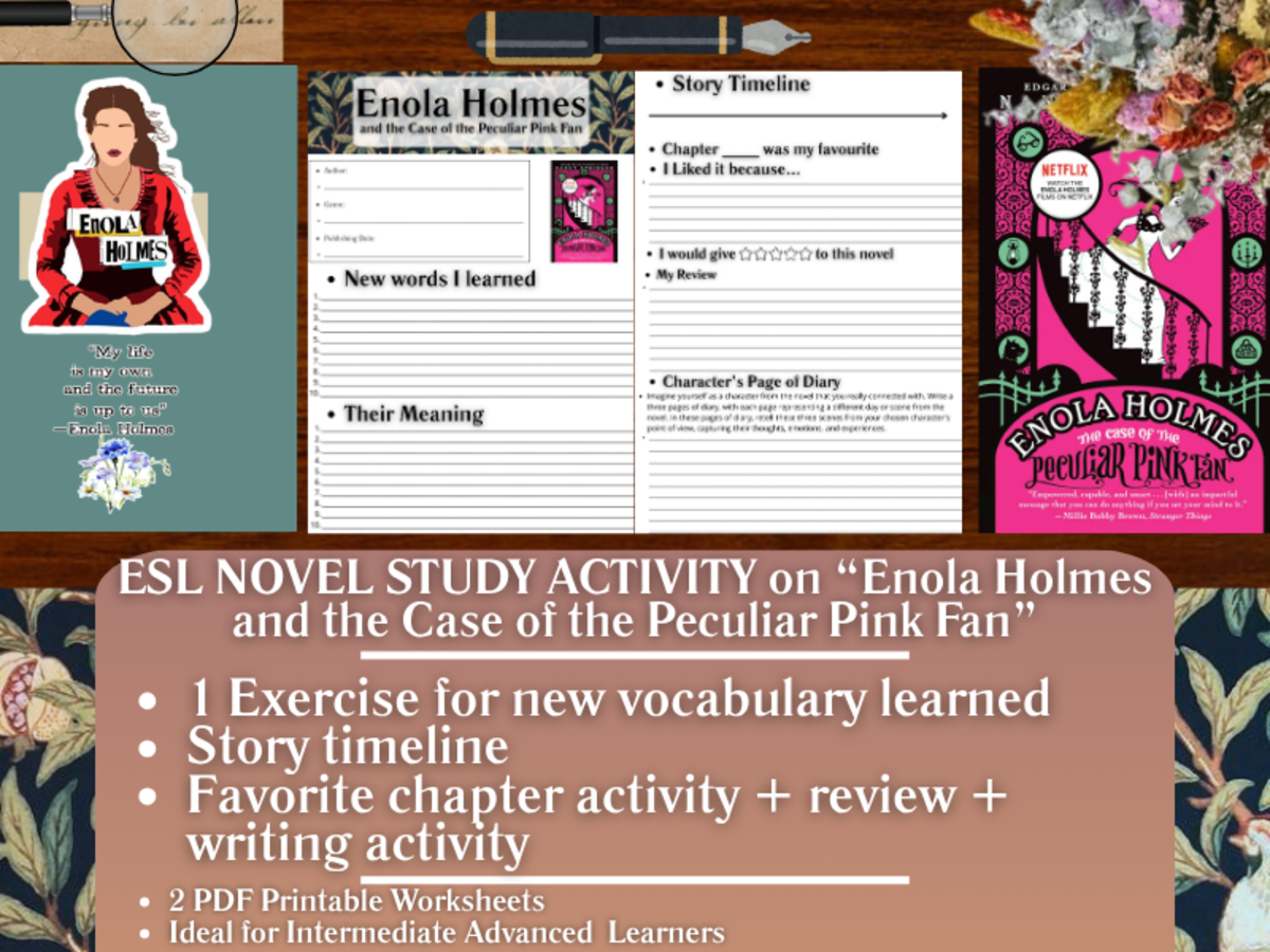 An educational teaching resource from Learning with Alan entitled ESL Novel Study - Enola Holmes and the Case of the Peculiar Pink Fan downloadable at Teach Simple.