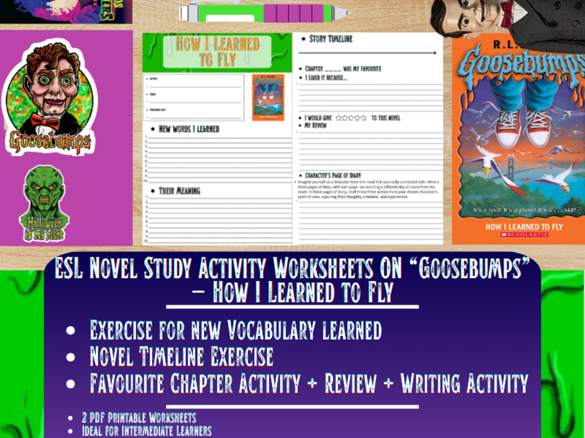 An educational teaching resource from Learning with Alan entitled ESL Novel Study - How I Learned to Fly - Goosebumps - R.L Stine downloadable at Teach Simple.