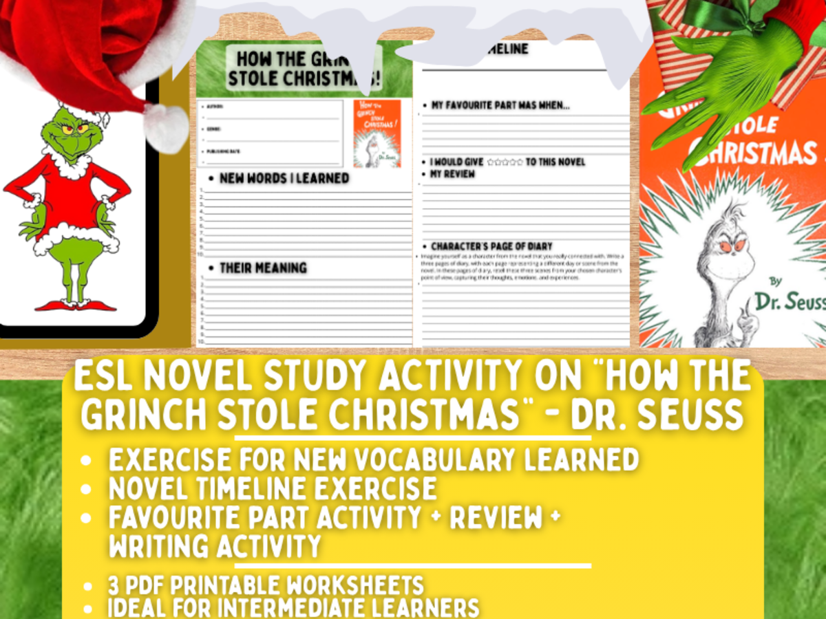 An educational teaching resource from Learning with Alan entitled ESL Novel Study - How the Grinch Stole the Christmas! - Dr. Seuss downloadable at Teach Simple.