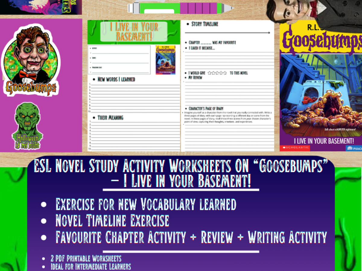 An educational teaching resource from Learning with Alan entitled ESL Novel Study - I Live in Your Basement! - Goosebumps - R.L Stine downloadable at Teach Simple.