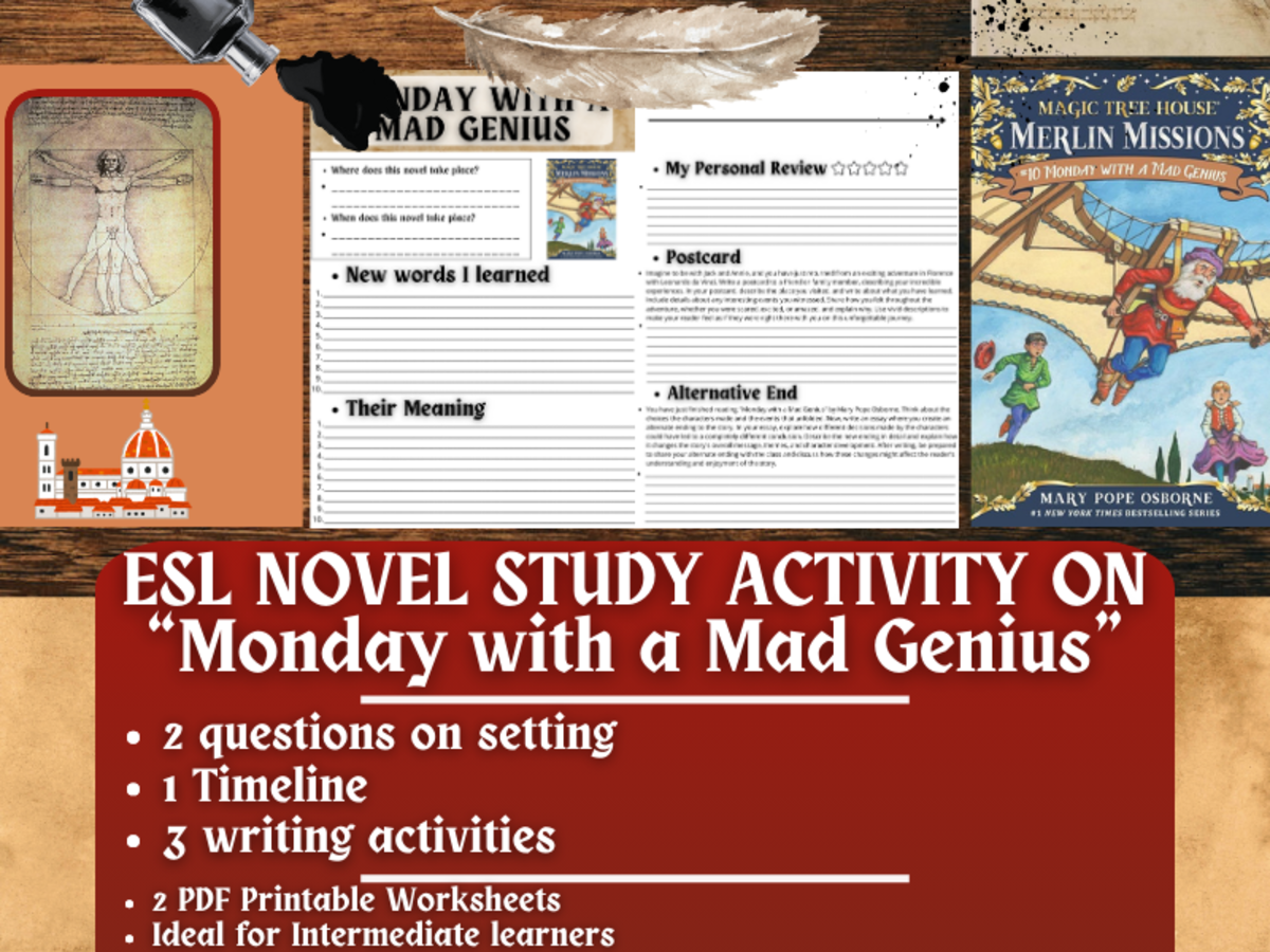 An educational teaching resource from Learning with Alan entitled ESL Novel Study - Monday with a Mad Genius - Magic Tree House downloadable at Teach Simple.