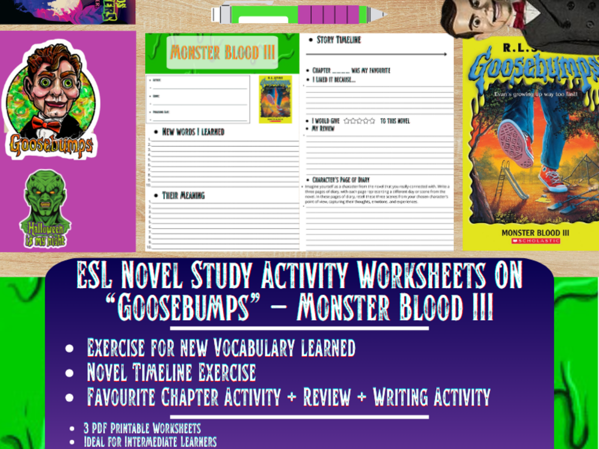 An educational teaching resource from Learning with Alan entitled ESL Novel Study - Monster Blood III - Goosebumps - R.L Stine downloadable at Teach Simple.
