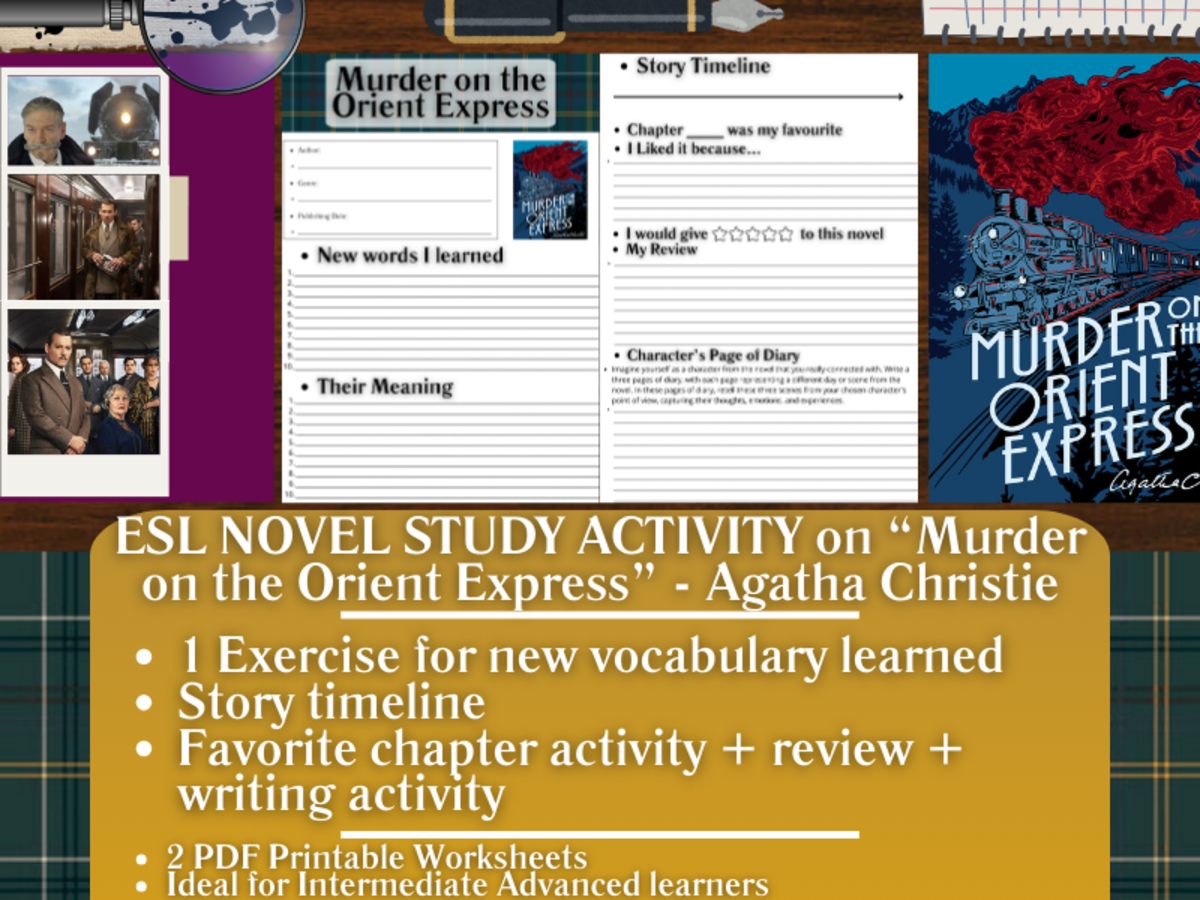 An educational teaching resource from Learning with Alan entitled ESL Novel Study - Murder on the Orient Express - Agatha Christie downloadable at Teach Simple.