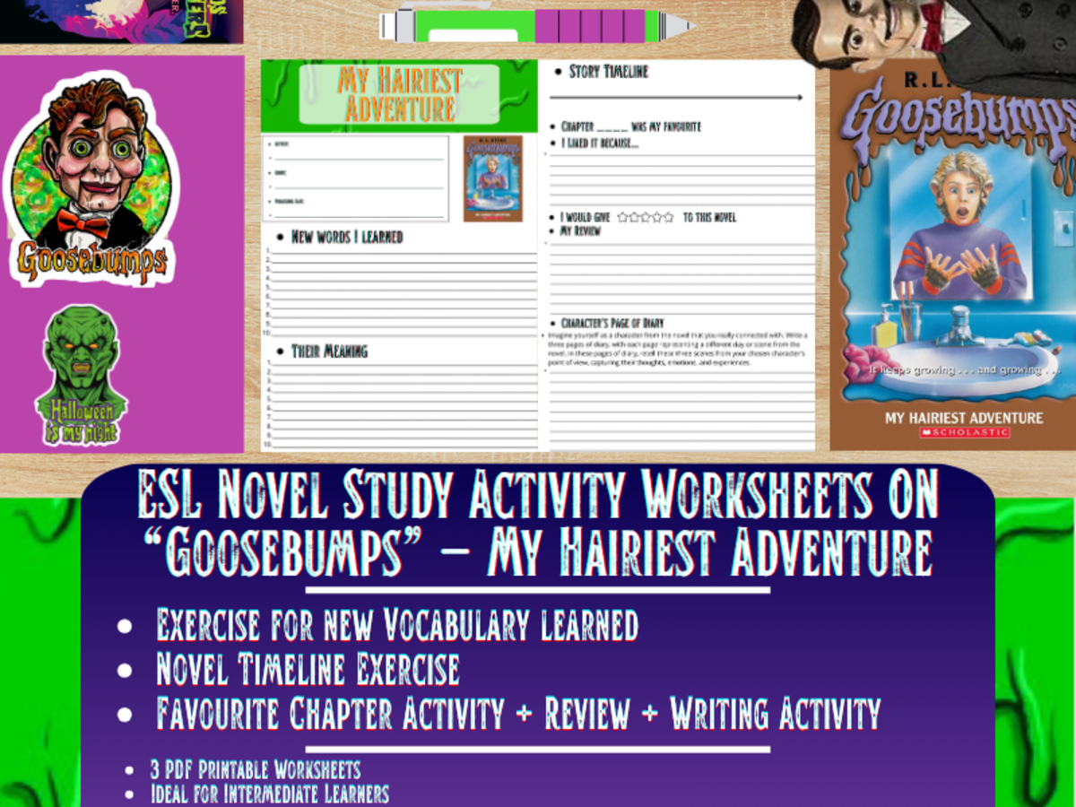 An educational teaching resource from Learning with Alan entitled ESL Novel Study - My Hairiest Adventure - Goosebumps - R.L Stine downloadable at Teach Simple.
