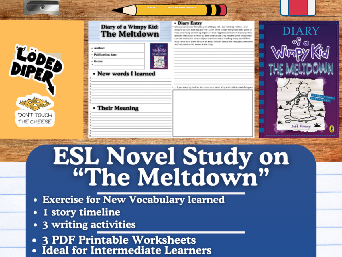 An educational teaching resource from Learning with Alan entitled ESL Novel Study on "Diary of a Wimpy Kid: The Meltdown" - Jeff Kinney downloadable at Teach Simple.