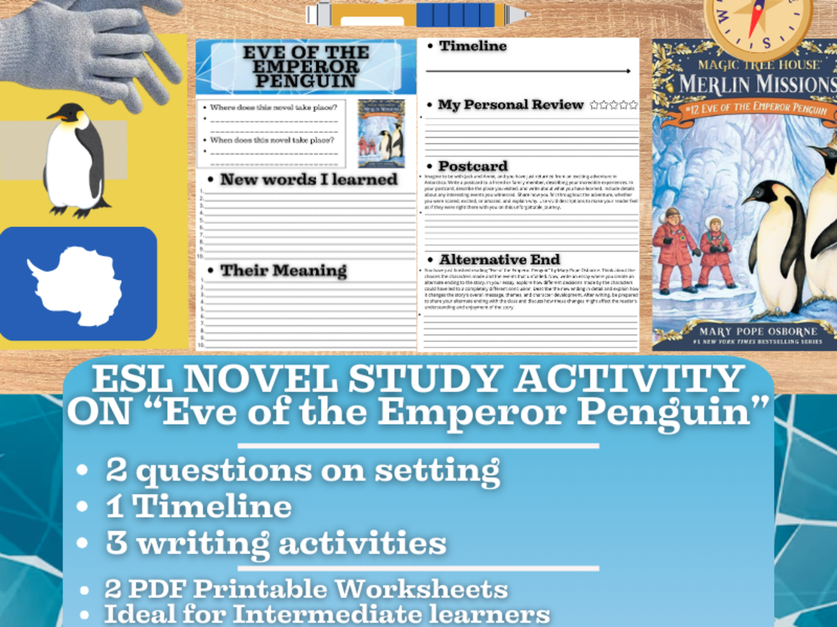 An educational teaching resource from Learning with Alan entitled ESL Novel Study on "Eve of the Emperor Penguin" - Magic Tree House downloadable at Teach Simple.