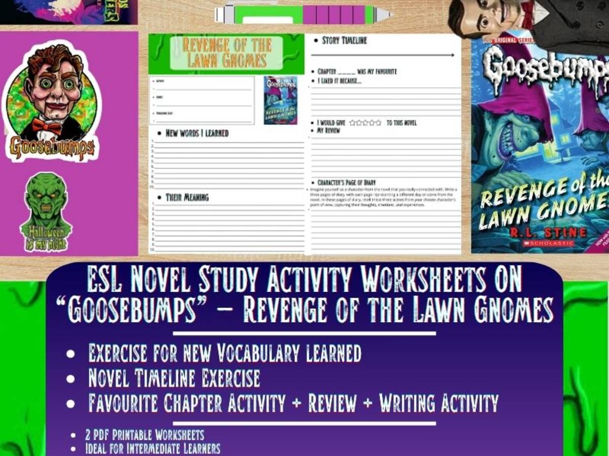 An educational teaching resource from Learning with Alan entitled ESL Novel Study - Revenge of the Lawn Gnomes - Goosebumps - R.L Stine downloadable at Teach Simple.