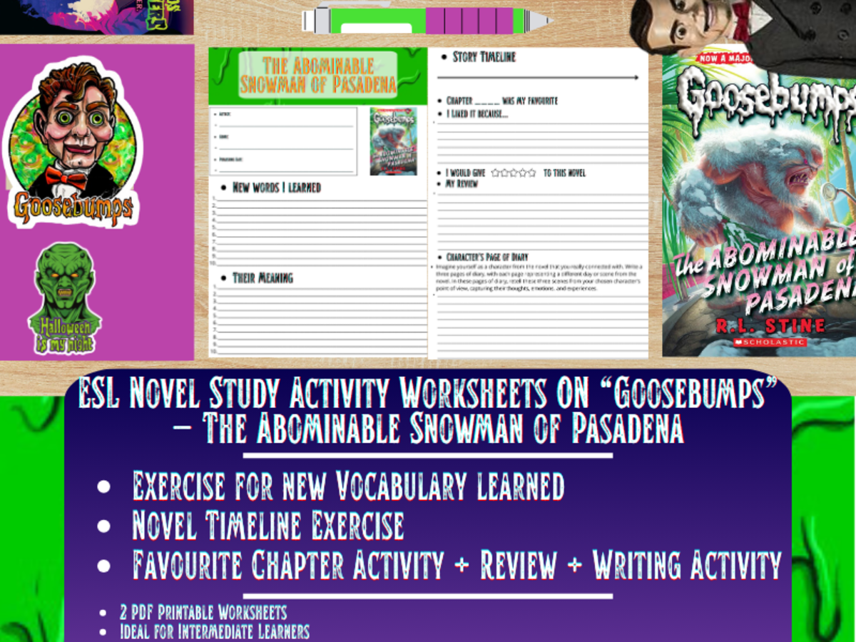 An educational teaching resource from Learning with Alan entitled ESL Novel Study - The Abominable Snowman of Pasadena - Goosebumps downloadable at Teach Simple.