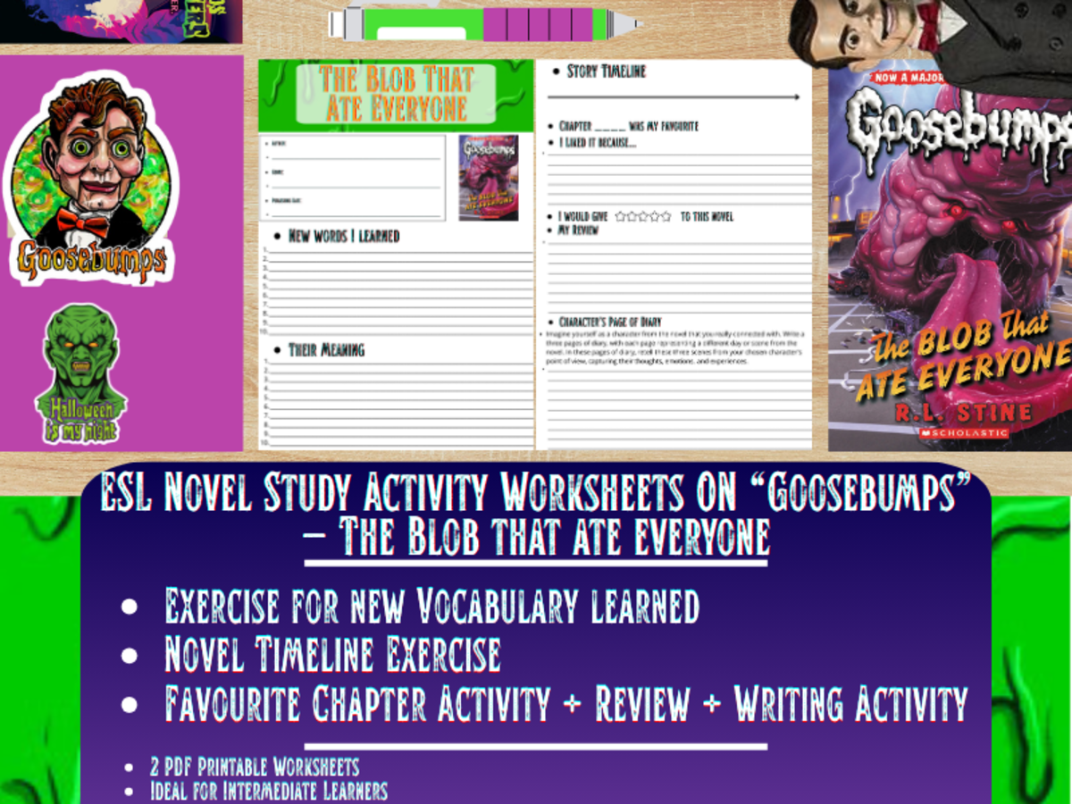 An educational teaching resource from Learning with Alan entitled ESL Novel Study - The Blob that ate everyone - Goosebumps - R.L Stine downloadable at Teach Simple.