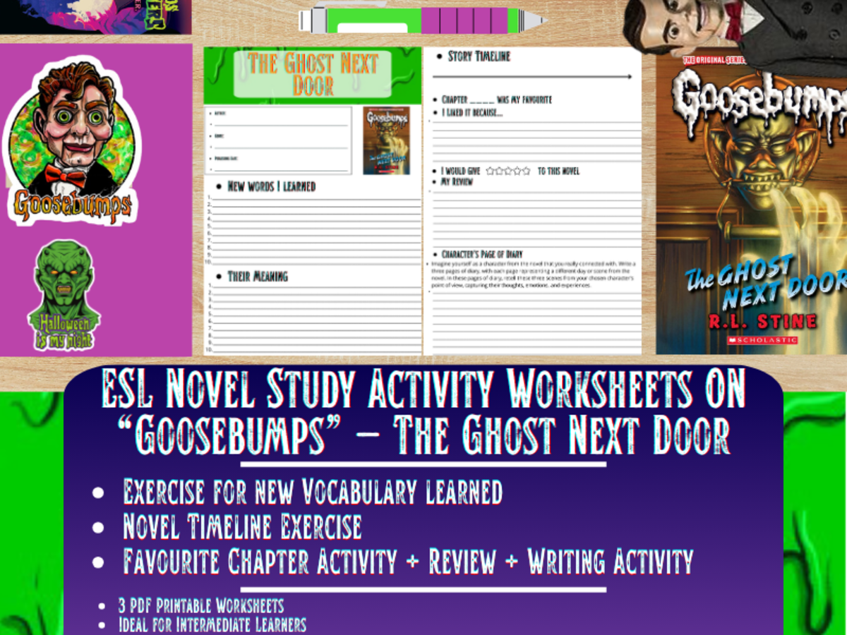 An educational teaching resource from Learning with Alan entitled ESL Novel Study - The Ghost Next Door - Goosebumps - R.L Stine downloadable at Teach Simple.