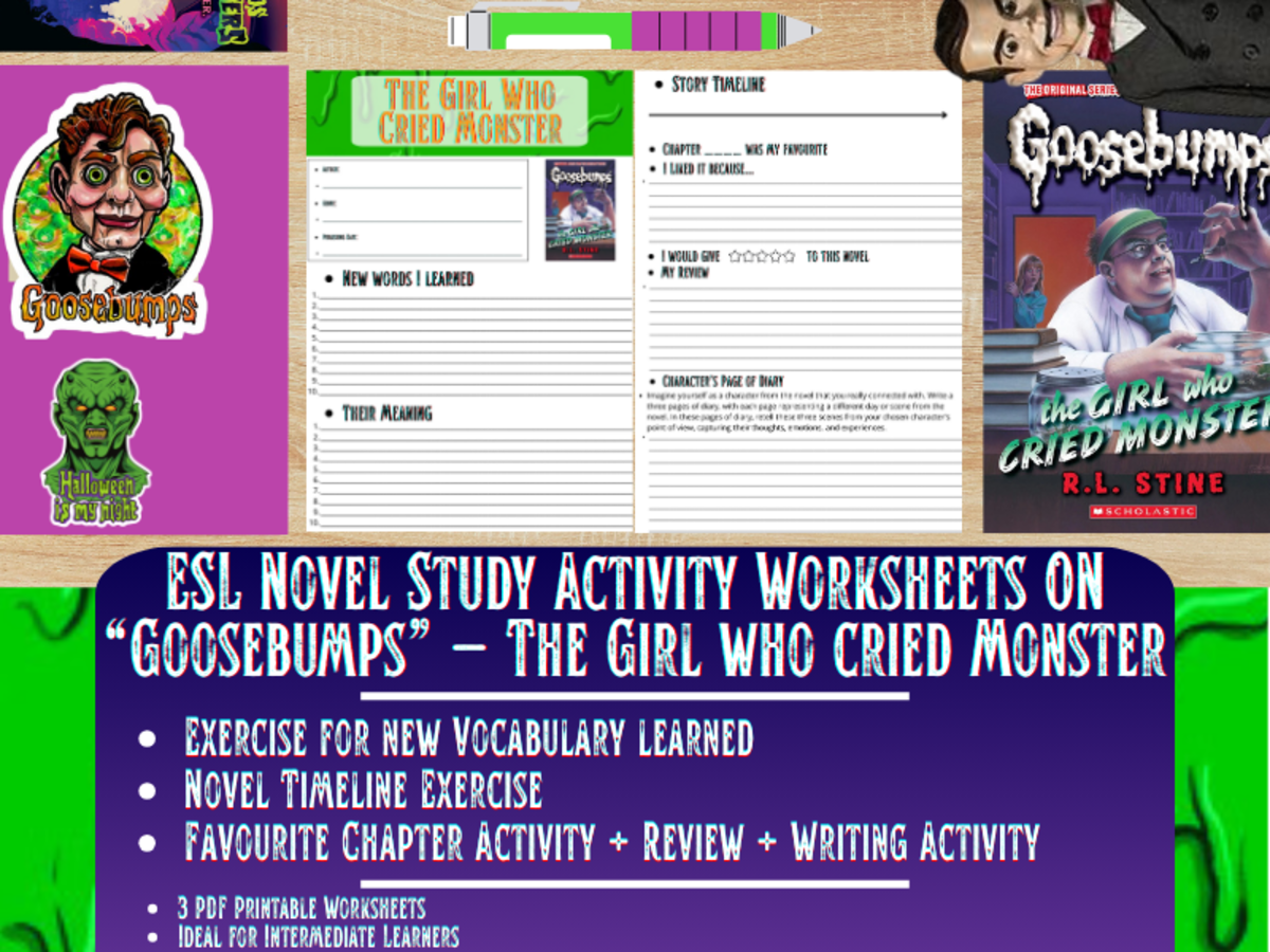 An educational teaching resource from Learning with Alan entitled ESL Novel Study - The Girl who cried monster - Goosebumps - R.L Stine downloadable at Teach Simple.