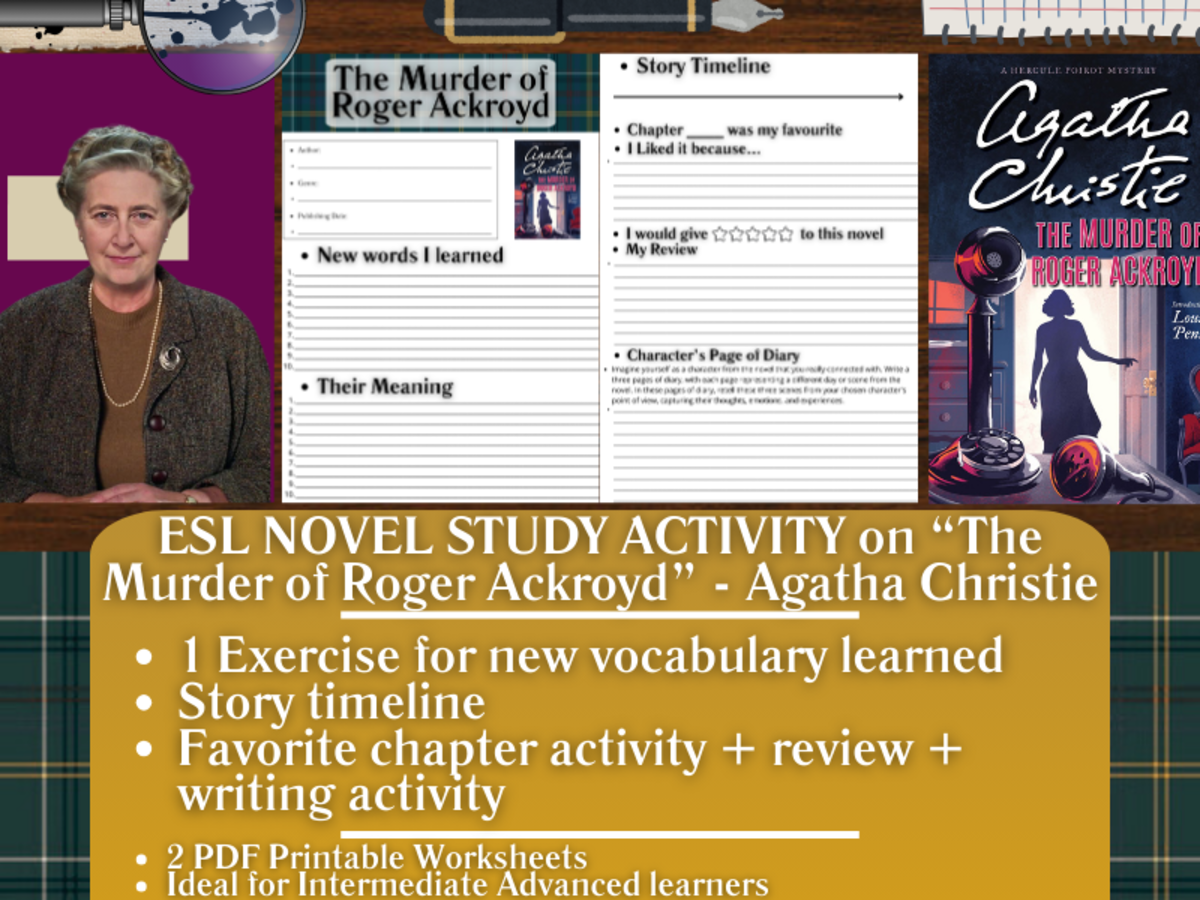 An educational teaching resource from Learning with Alan entitled ESL Novel Study - The Murder of Roger Ackroyd - Agatha Christie downloadable at Teach Simple.