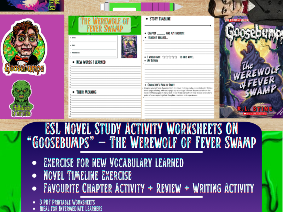 An educational teaching resource from Learning with Alan entitled ESL Novel Study - The Werewolf of Fever Swamp - Goosebumps - R.L Stine downloadable at Teach Simple.