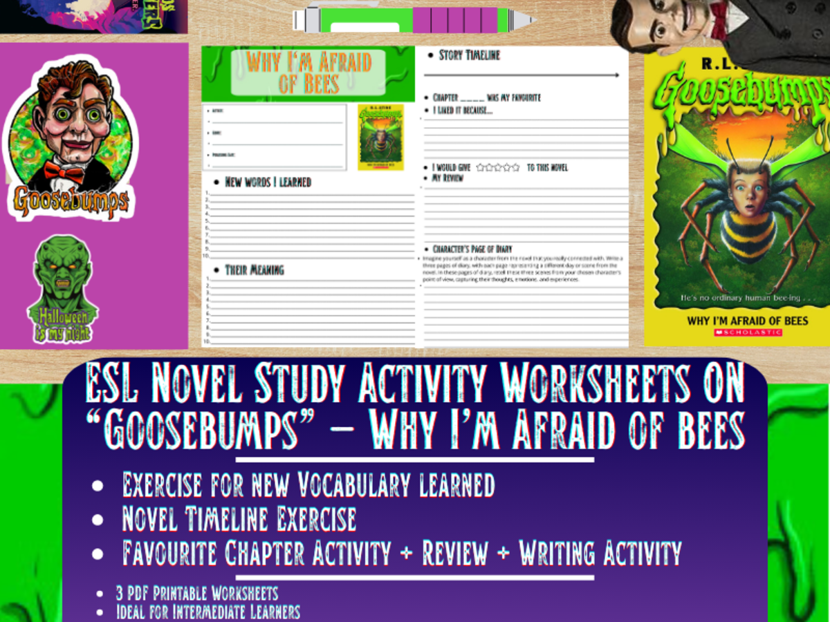 An educational teaching resource from Learning with Alan entitled ESL Novel Study - Why I'm afraid of bees - Goosebumps - R.L Stine downloadable at Teach Simple.