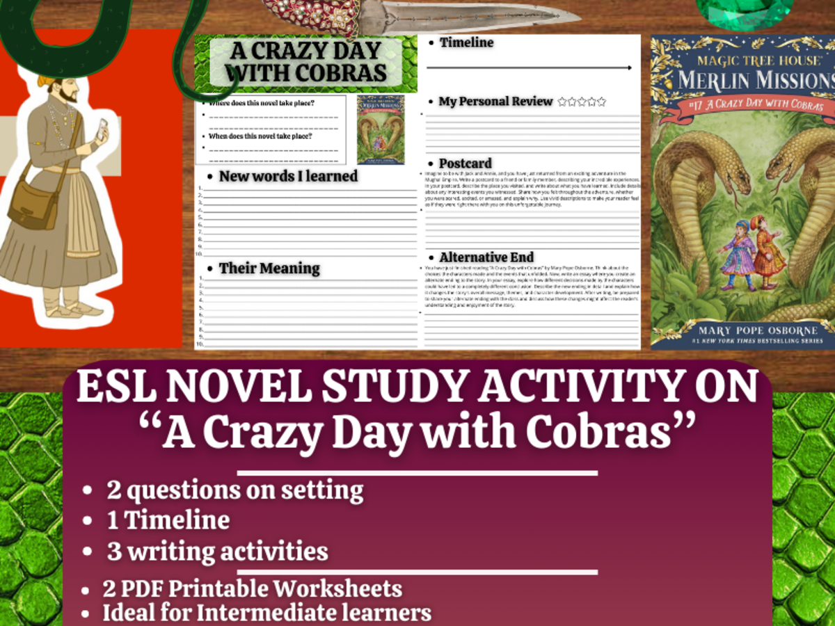 An educational teaching resource from Learning with Alan entitled ESL Novel Study Worksheet - A Crazy Day with Cobras - Magic Tree House downloadable at Teach Simple.