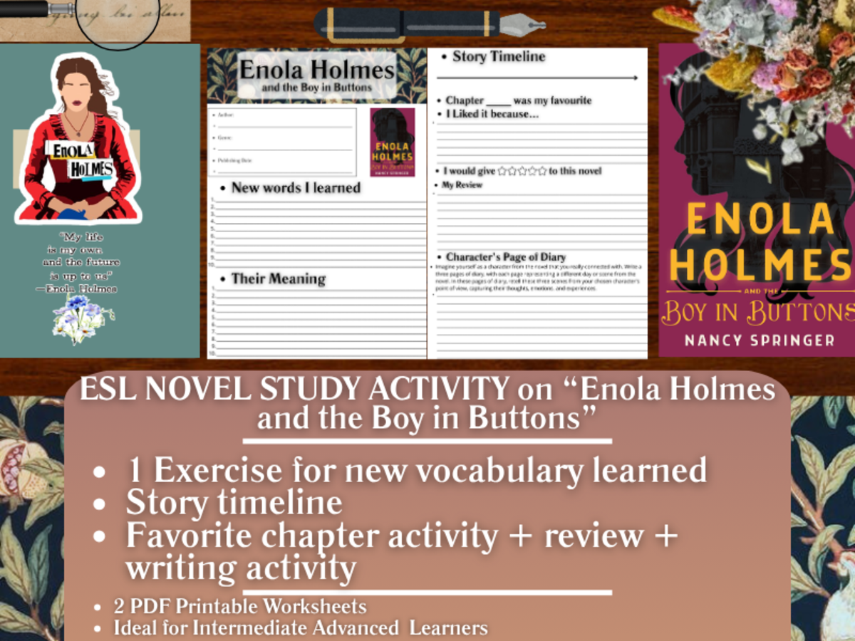An educational teaching resource from Learning with Alan entitled ESL Novel Study Worksheet - Enola Holmes and the Boy in Buttons downloadable at Teach Simple.