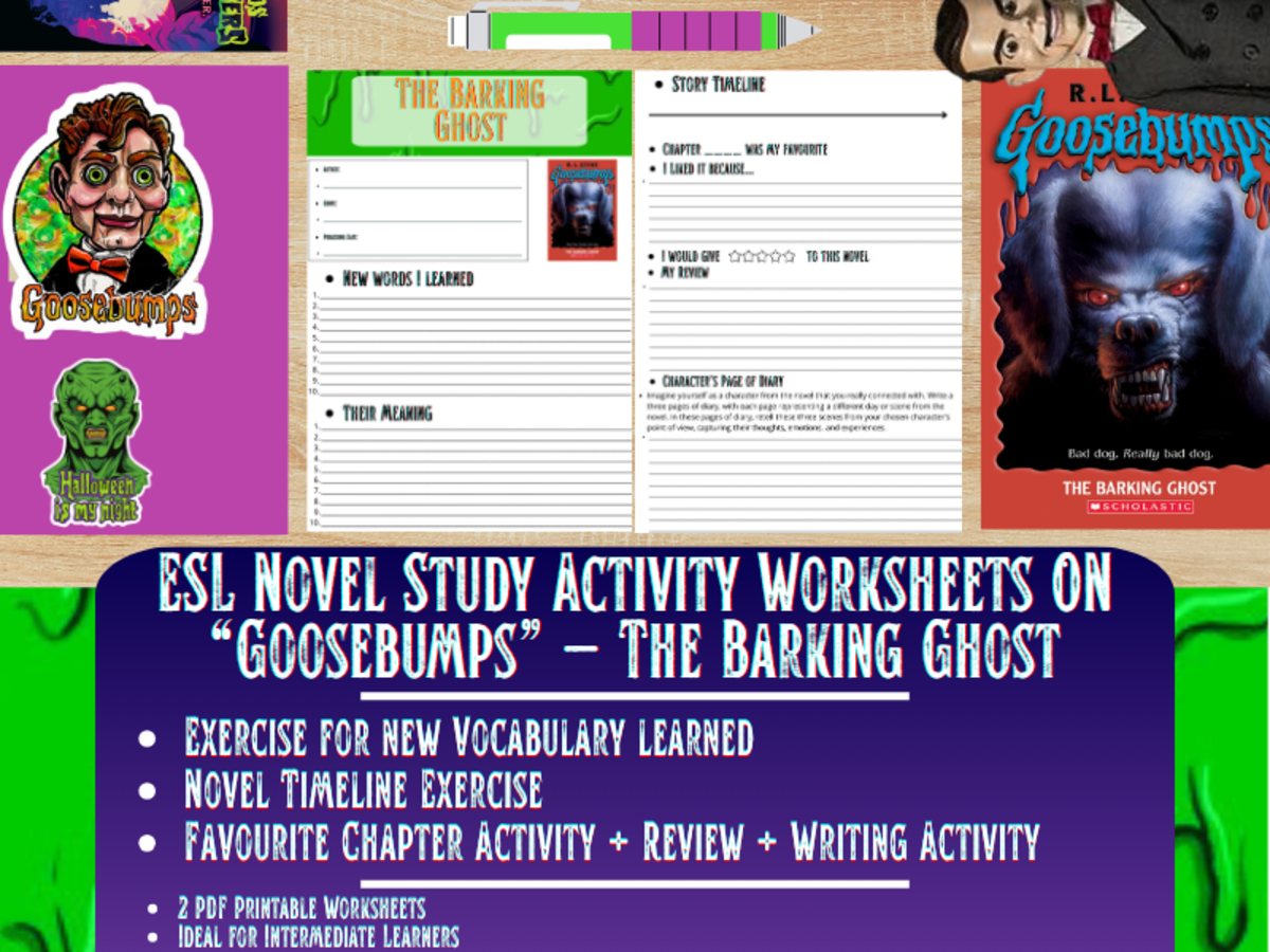 An educational teaching resource from Learning with Alan entitled ESL Novel Study Worksheet - The Barking Ghost - Goosebumps - R.L Stine downloadable at Teach Simple.