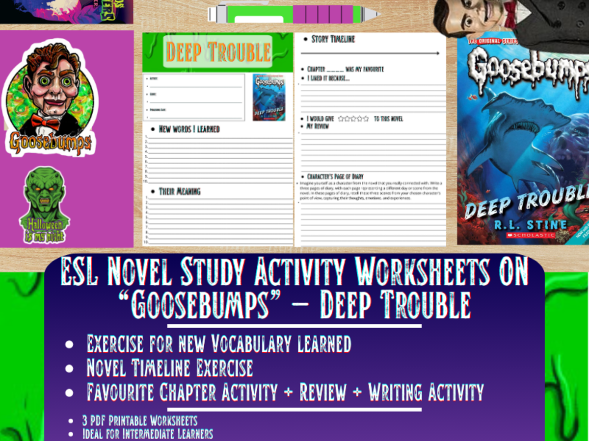 An educational teaching resource from Learning with Alan entitled ESL Novel Study Worksheets - Deep Trouble II - Goosebumps - R.L Stine downloadable at Teach Simple.