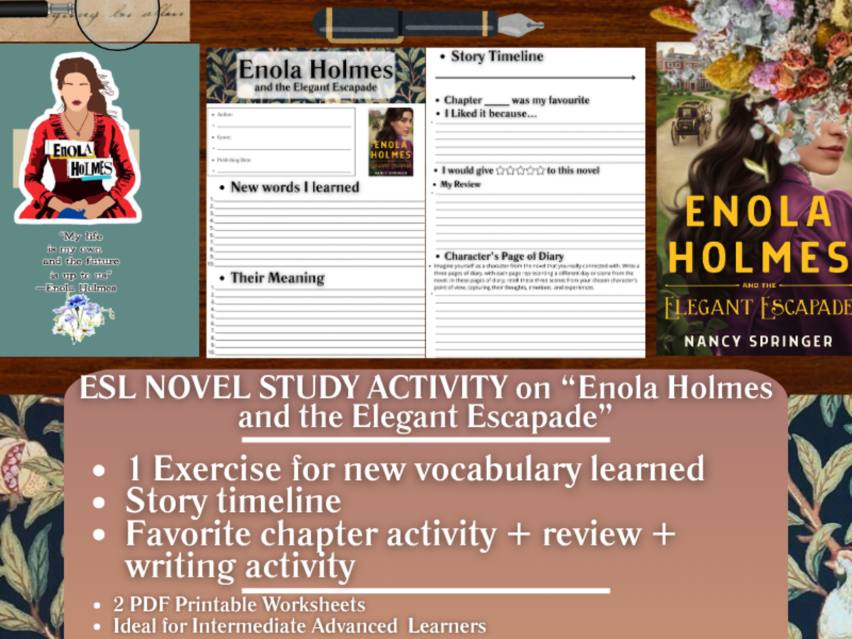 An educational teaching resource from Learning with Alan entitled ESL Novel Study Worksheets - Enola Holmes and the Elegant Escapade downloadable at Teach Simple.