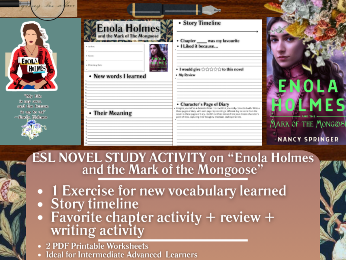 An educational teaching resource from Learning with Alan entitled ESL Novel Study Worksheets - Enola Holmes and the Mark of the Mongoose downloadable at Teach Simple.