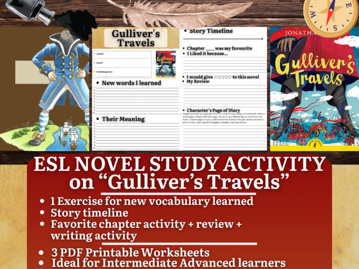 An educational teaching resource from Learning with Alan entitled ESL Novel Study Worksheets - Gulliver's Travels - Jonathan Swift downloadable at Teach Simple.