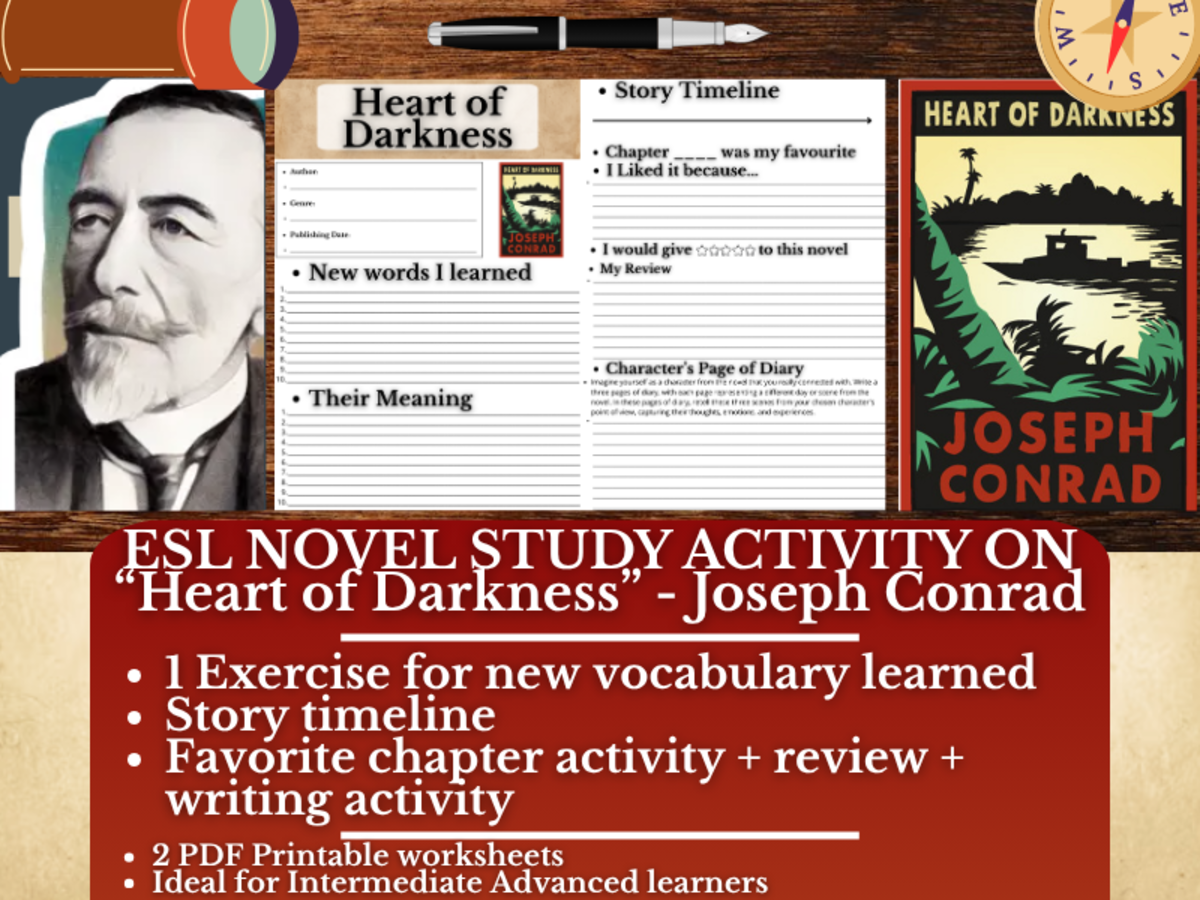 An educational teaching resource from Learning with Alan entitled ESL Novel Study Worksheets - Heart of Darkness - Joseph Conrad downloadable at Teach Simple.