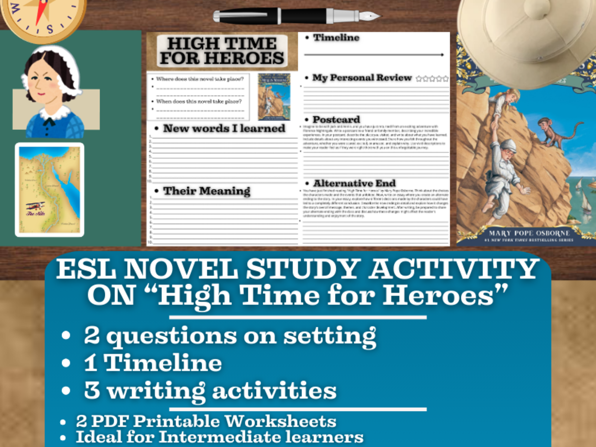 An educational teaching resource from Learning with Alan entitled ESL Novel Study Worksheets - High Time for Heroes - Magic Tree House downloadable at Teach Simple.