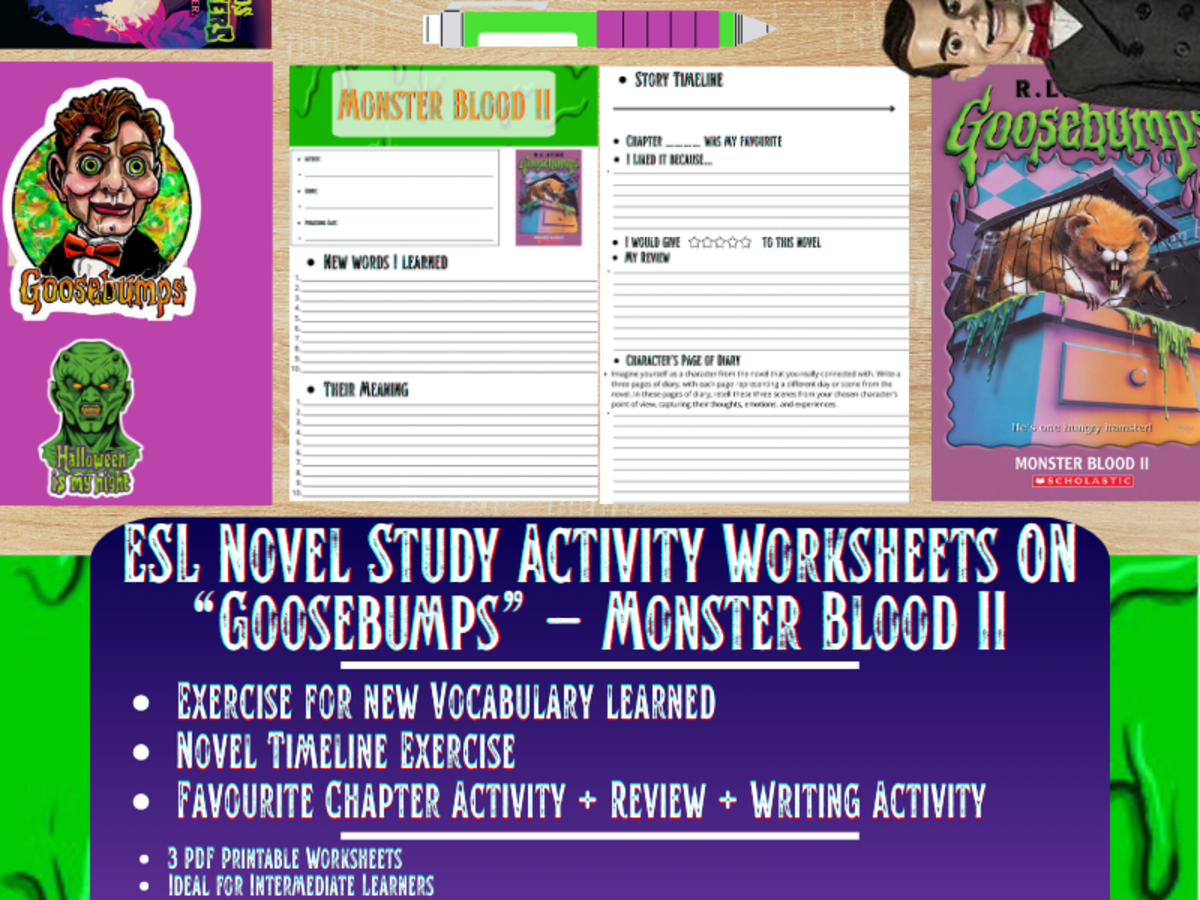 An educational teaching resource from Learning with Alan entitled ESL Novel Study Worksheets - Monster Blood II - Goosebumps - R.L Stine downloadable at Teach Simple.
