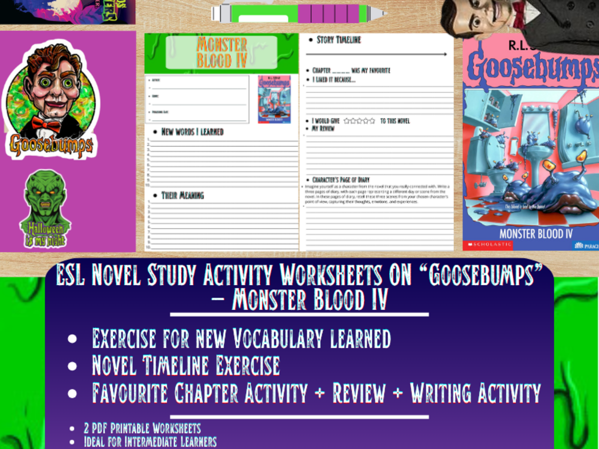 An educational teaching resource from Learning with Alan entitled ESL Novel Study Worksheets - Monster Blood IV - Goosebumps - R.L Stine downloadable at Teach Simple.
