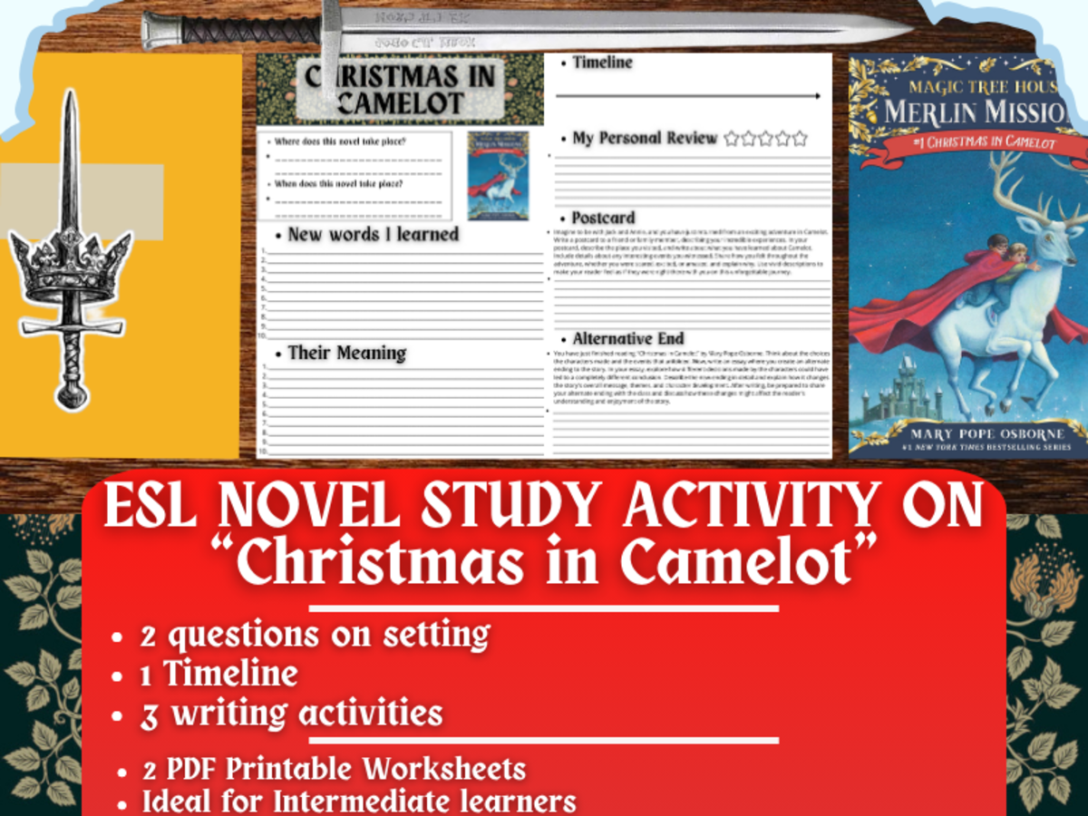 An educational teaching resource from Learning with Alan entitled ESL Novel Study Worksheets on Christmas in Camelot - Magic Tree House downloadable at Teach Simple.