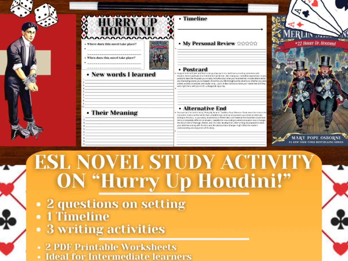 An educational teaching resource from Learning with Alan entitled ESL Novel Study Worksheets on "Hurry Up Houdini!" - Magic Tree House downloadable at Teach Simple.