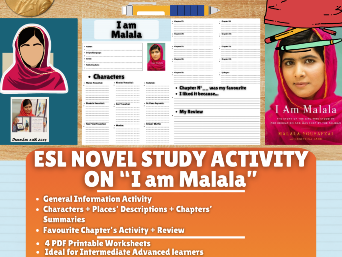 An educational teaching resource from Learning with Alan entitled ESL Novel Study Worksheets on "I am Malala" by Malala Yousafzai downloadable at Teach Simple.