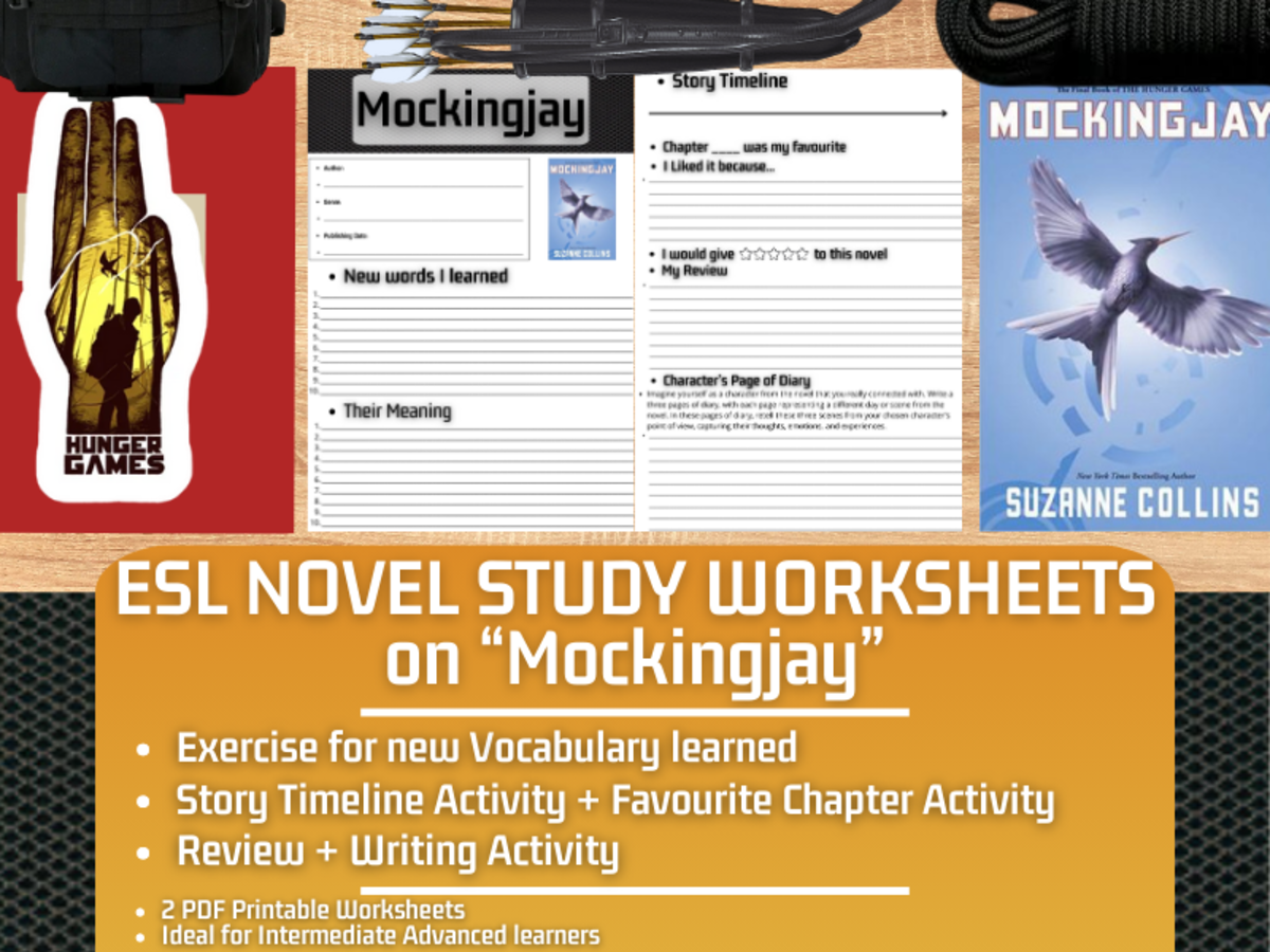 An educational teaching resource from Learning with Alan entitled ESL Novel Study Worksheets on "Mockingjay" - Hunger Games downloadable at Teach Simple.
