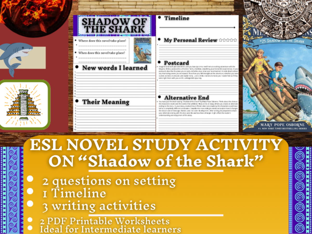 An educational teaching resource from Learning with Alan entitled ESL Novel Study Worksheets on "Shadow of the Shark" - Magic Tree House downloadable at Teach Simple.