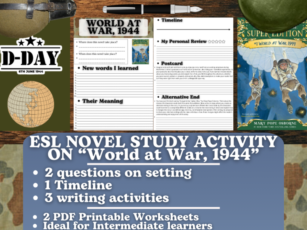 An educational teaching resource from Learning with Alan entitled ESL Novel Study Worksheets on "World at War, 1944" - Magic Tree House downloadable at Teach Simple.