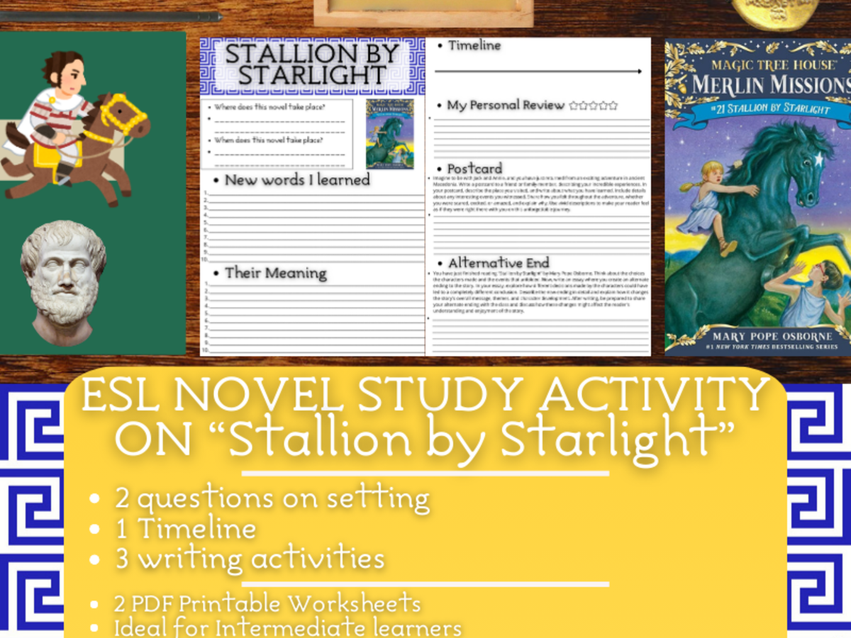 An educational teaching resource from Learning with Alan entitled ESL Novel Study Worksheets - Stallion by Starlight - Magic Tree House downloadable at Teach Simple.