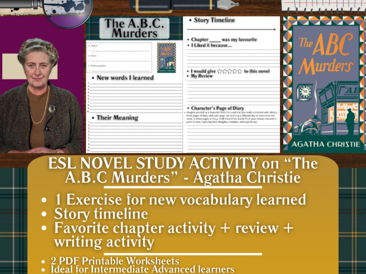 An educational teaching resource from Learning with Alan entitled ESL Novel Study Worksheets - The A.B.C Murders - Agatha Christie downloadable at Teach Simple.