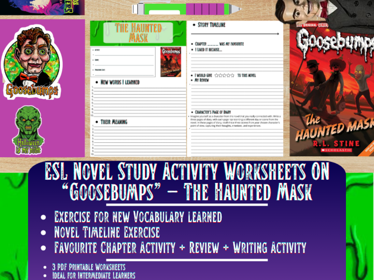An educational teaching resource from Learning with Alan entitled ESL Novel Study Worksheets - The Haunted Mask - Goosebumps - R.L Stine downloadable at Teach Simple.