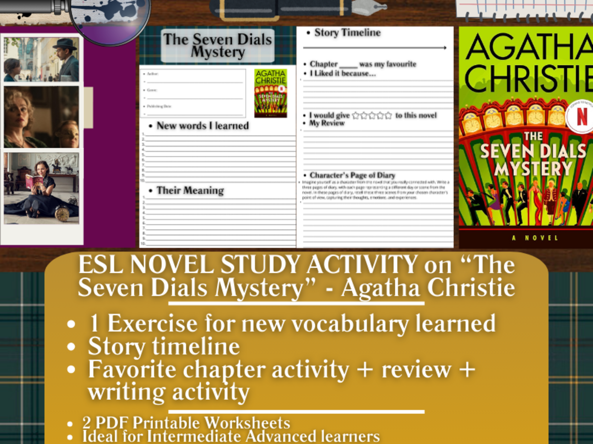 An educational teaching resource from Learning with Alan entitled ESL Novel Study Worksheets - The Seven Dials Mystery - Agatha Christie downloadable at Teach Simple.