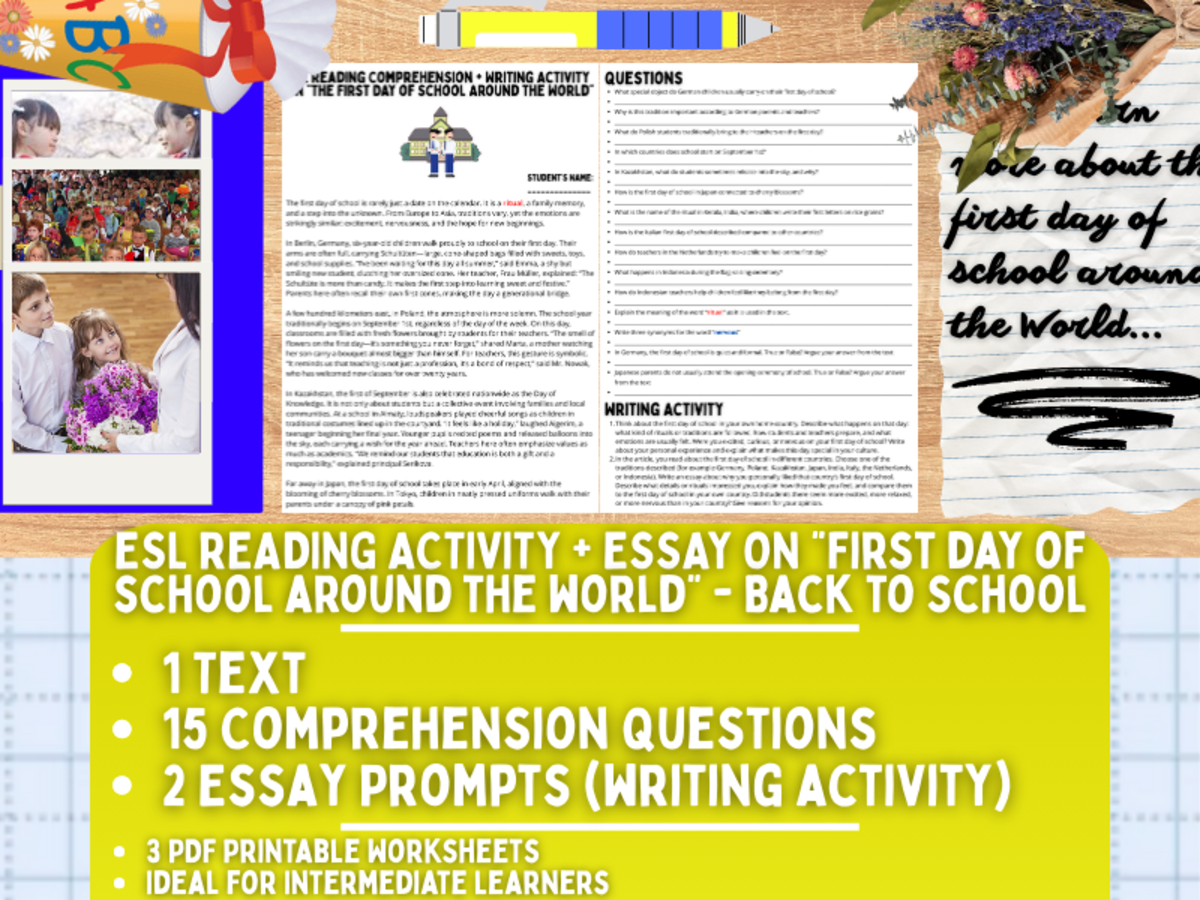 An educational teaching resource from Learning with Alan entitled ESL Reading Activity + Essay - First Day of School around the World downloadable at Teach Simple.