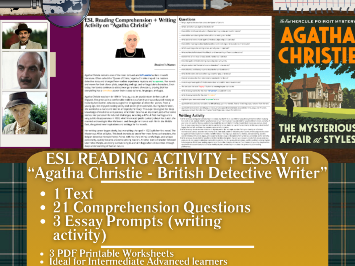 An educational teaching resource from Learning with Alan entitled ESL Reading Comprehension + Essay - Agatha Christie - Detective Writer downloadable at Teach Simple.