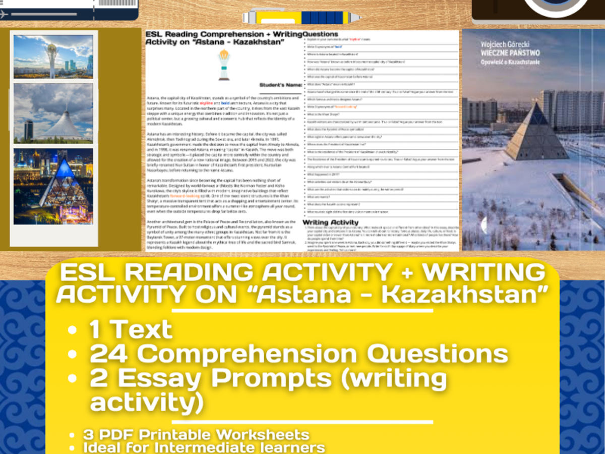 An educational teaching resource from Learning with Alan entitled ESL Reading Comprehension + Essay - Astana - Kazakhstan - Central Asia downloadable at Teach Simple.