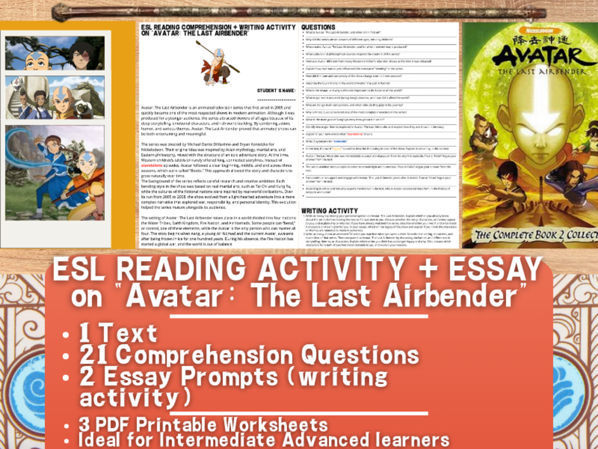 An educational teaching resource from Learning with Alan entitled ESL Reading Comprehension + Essay - Avatar: The Last Airbender downloadable at Teach Simple.