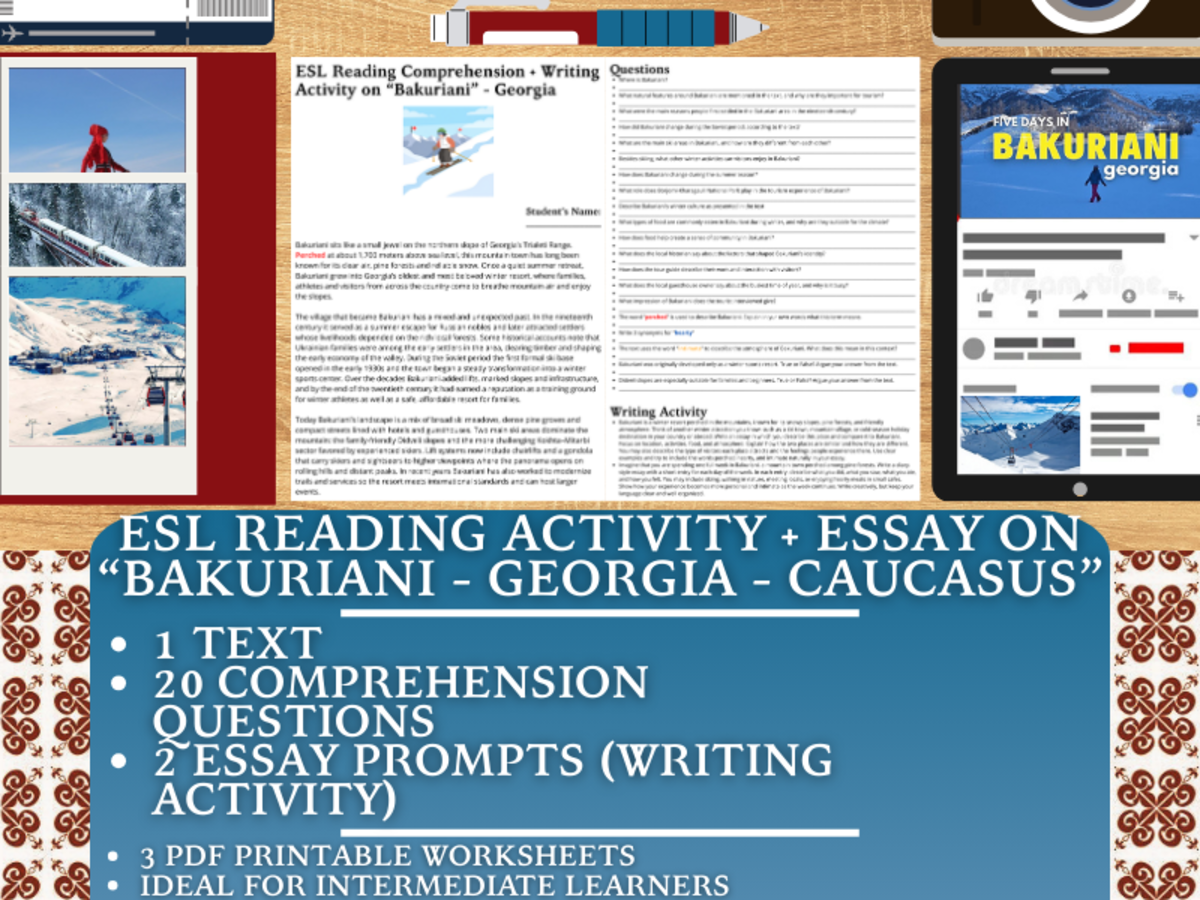 An educational teaching resource from Learning with Alan entitled ESL Reading Comprehension + Essay - Bakuriani - Georgia - Caucasus downloadable at Teach Simple.