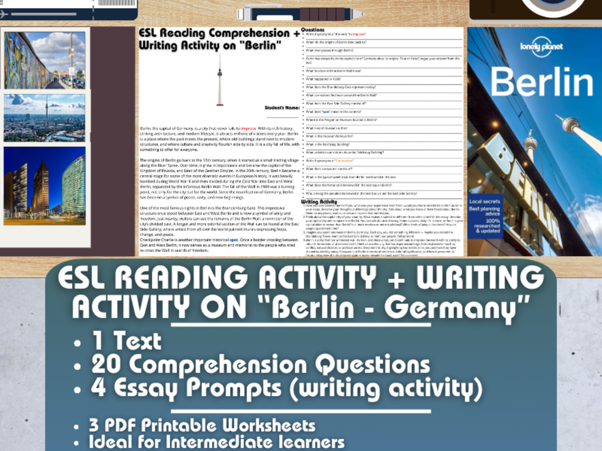 An educational teaching resource from Learning with Alan entitled ESL Reading Comprehension + Essay - Berlin - Germany - Europe downloadable at Teach Simple.