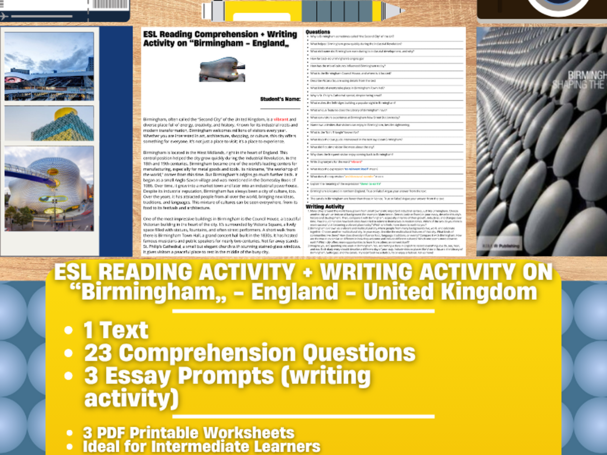 An educational teaching resource from Learning with Alan entitled ESL Reading Comprehension + Essay - Birmingham - England - UK downloadable at Teach Simple.