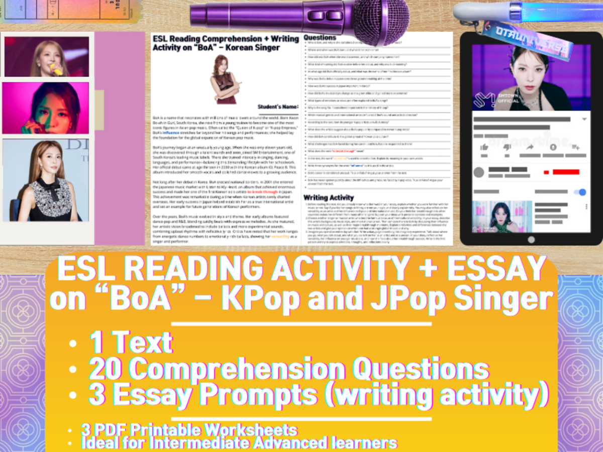 An educational teaching resource from Learning with Alan entitled ESL Reading Comprehension + Essay - BoA - Kpop and JPop Sin downloadable at Teach Simple.