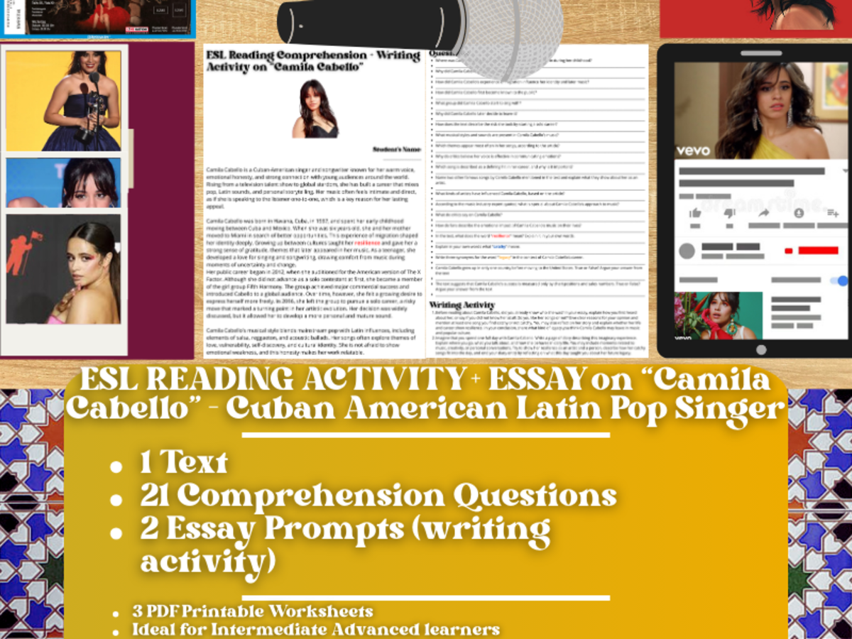 An educational teaching resource from Learning with Alan entitled ESL Reading Comprehension + Essay - Camila Cabello - Latin Pop Singer downloadable at Teach Simple.