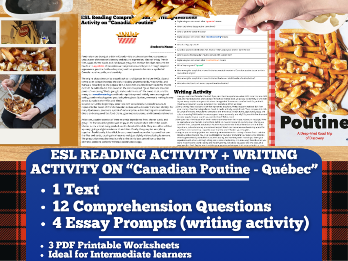 An educational teaching resource from Learning with Alan entitled ESL Reading Comprehension + Essay - Canadian Poutine - Québec downloadable at Teach Simple.
