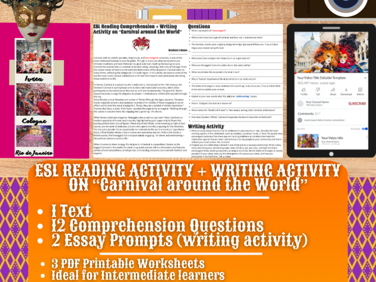 An educational teaching resource from Learning with Alan entitled ESL Reading Comprehension + Essay - Carnival around the World downloadable at Teach Simple.